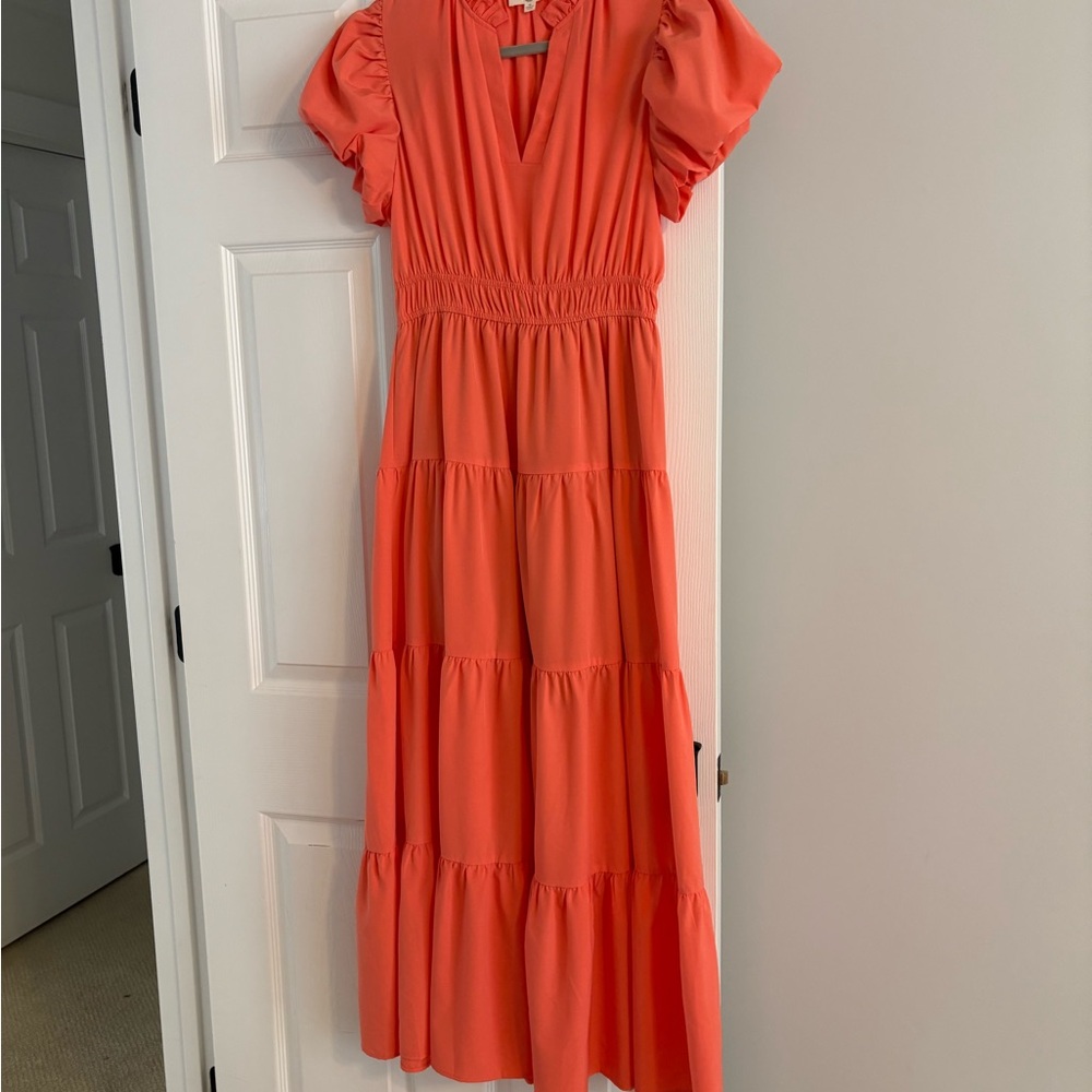 Entro Vibrant Coral Tiered Maxi Dress